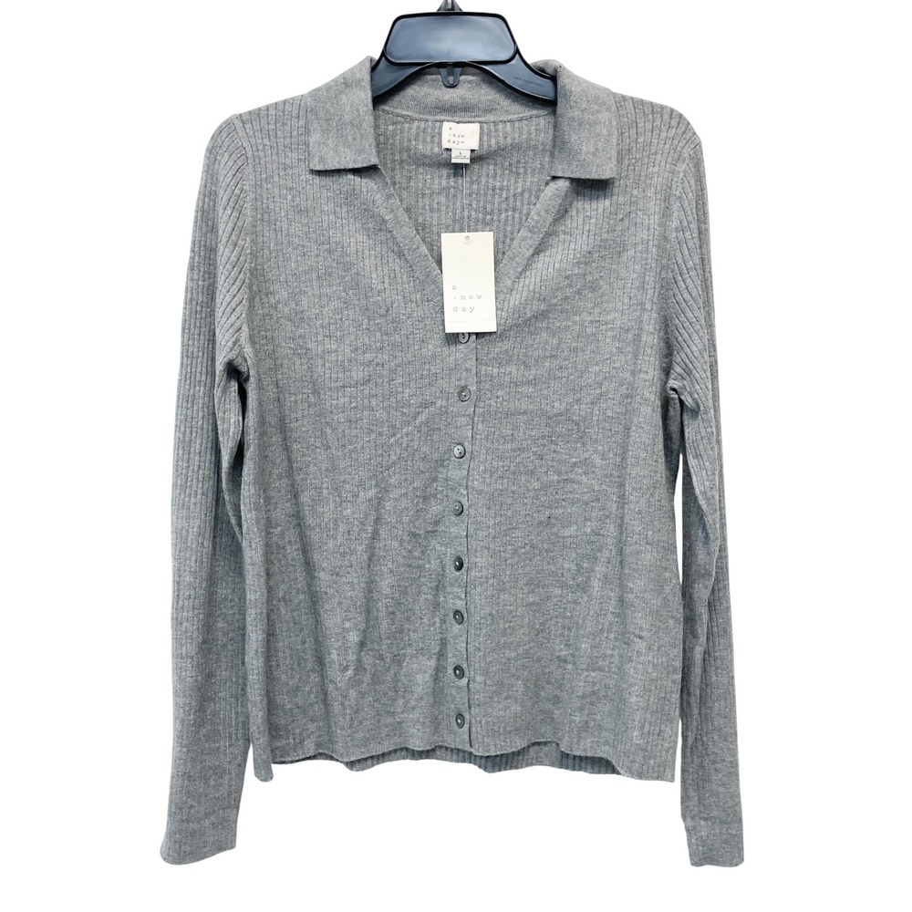 A New Day Women's Gray Ribbed Polo Collar Button Front Cardigan Sweater Size L
